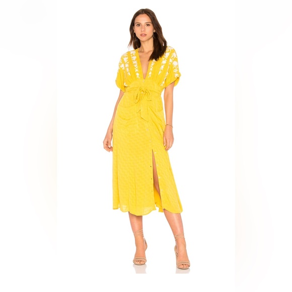 Free People Yellow & White Midi Dress Floral Embroidery - Size Med - Picture 13 of 13
